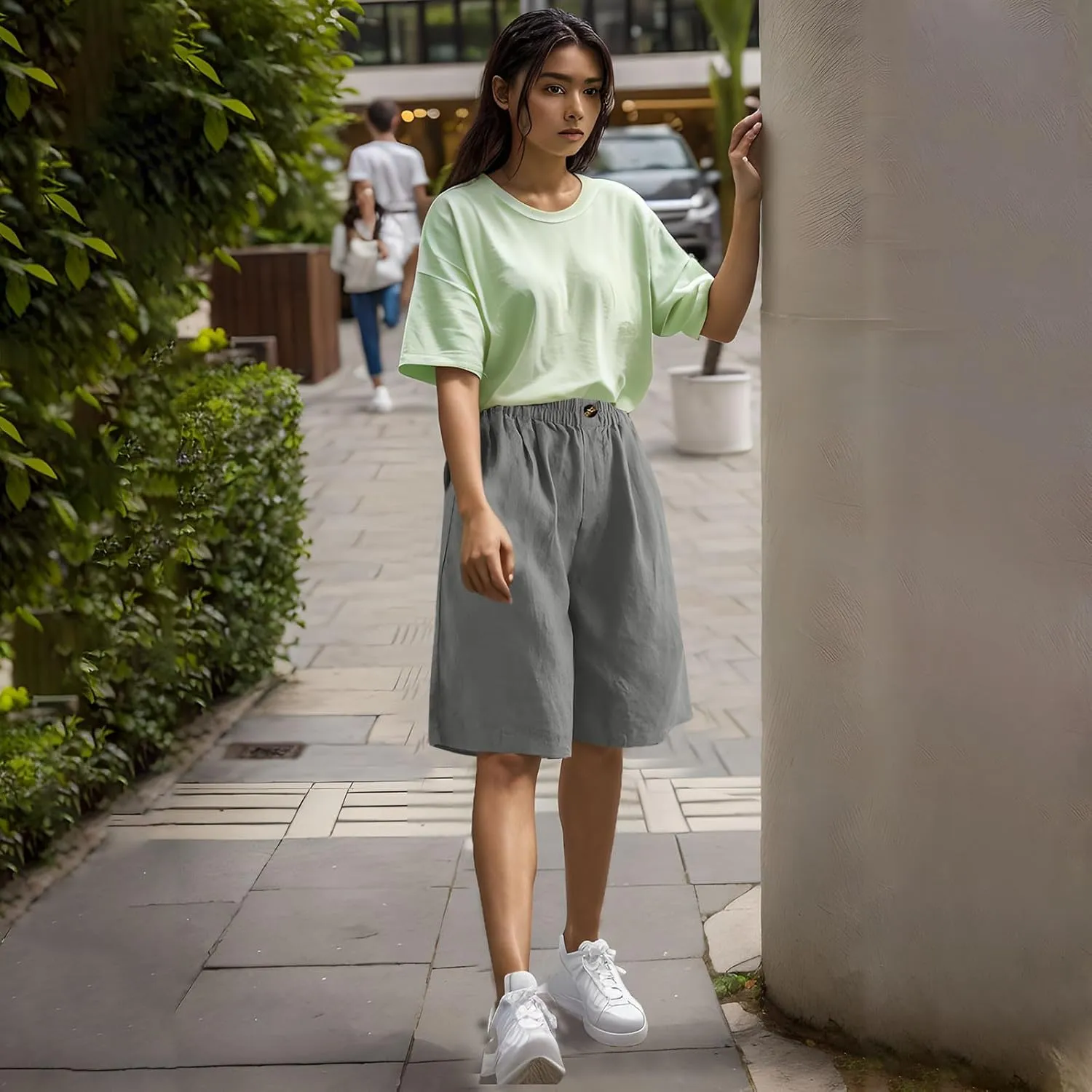 Linen Shorts for Women High Waisted Bermuda Knee Length Wide Leg Elastic Waist Summer Beach Short with Pockets