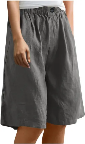 Linen Shorts for Women High Waisted Bermuda Knee Length Wide Leg Elastic Waist Summer Beach Short with Pockets