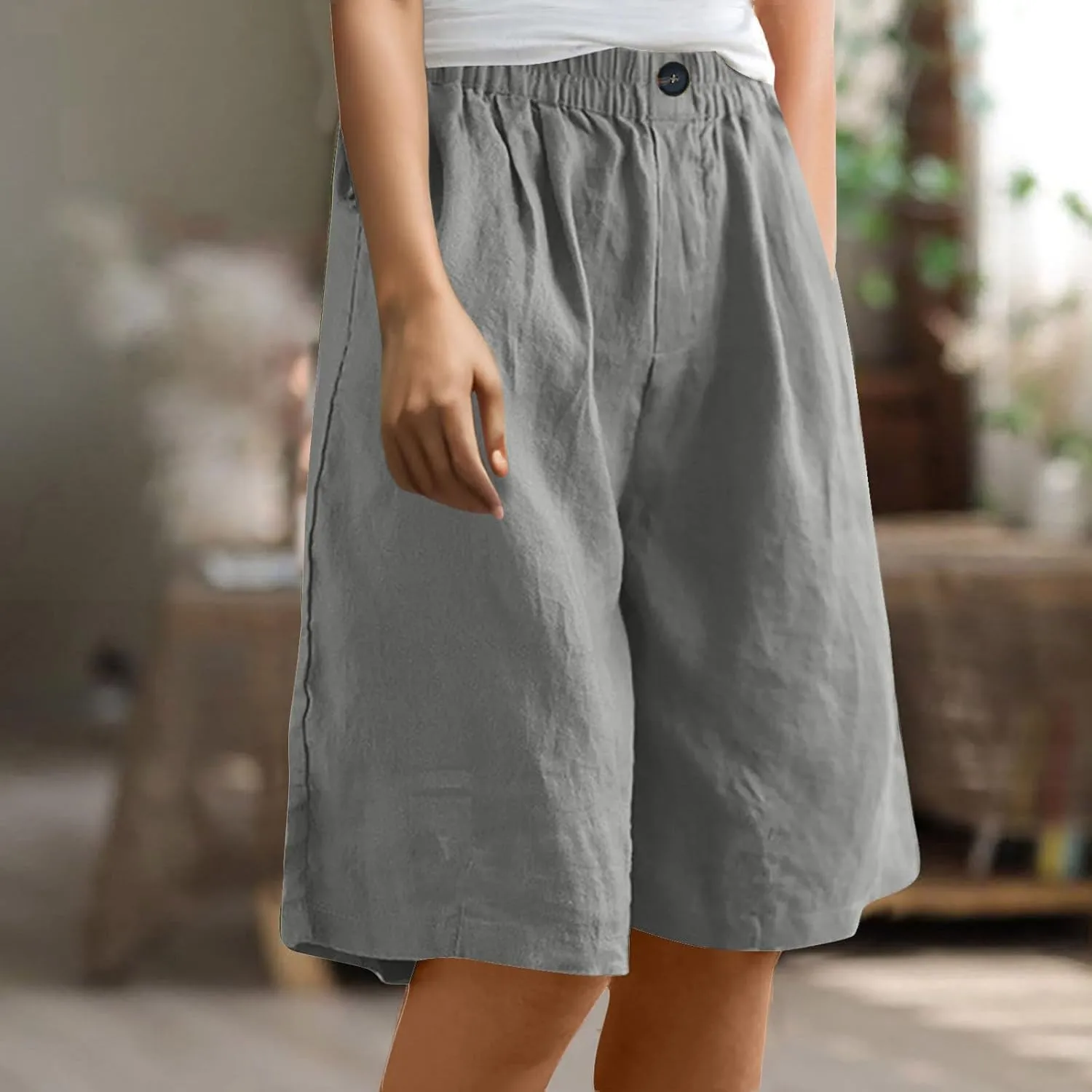 Linen Shorts for Women High Waisted Bermuda Knee Length Wide Leg Elastic Waist Summer Beach Short with Pockets