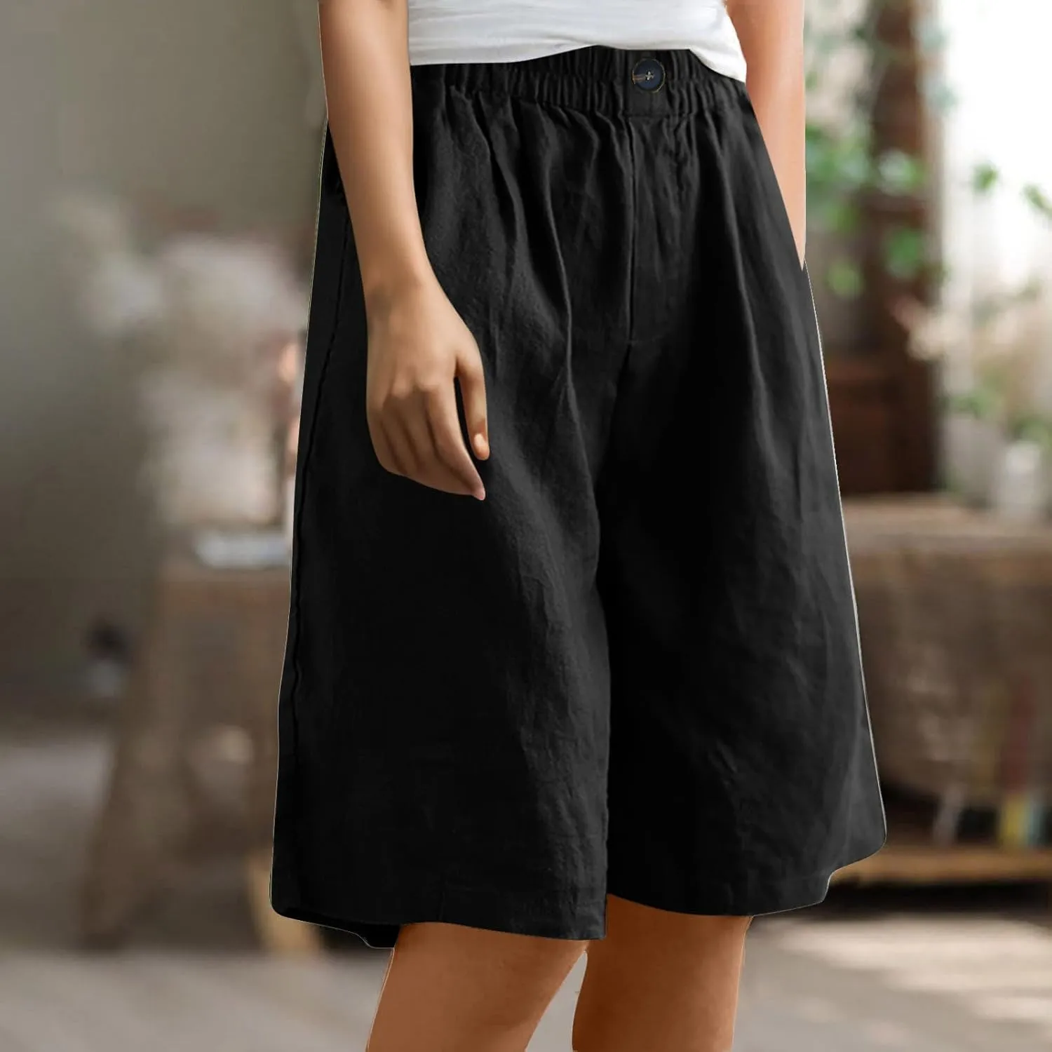 Linen Shorts for Women High Waisted Bermuda Knee Length Wide Leg Elastic Waist Summer Beach Short with Pockets