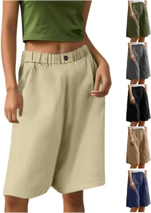 Linen Shorts for Women High Waisted Bermuda Knee Length Wide Leg Elastic Waist Summer Beach Short with Pockets