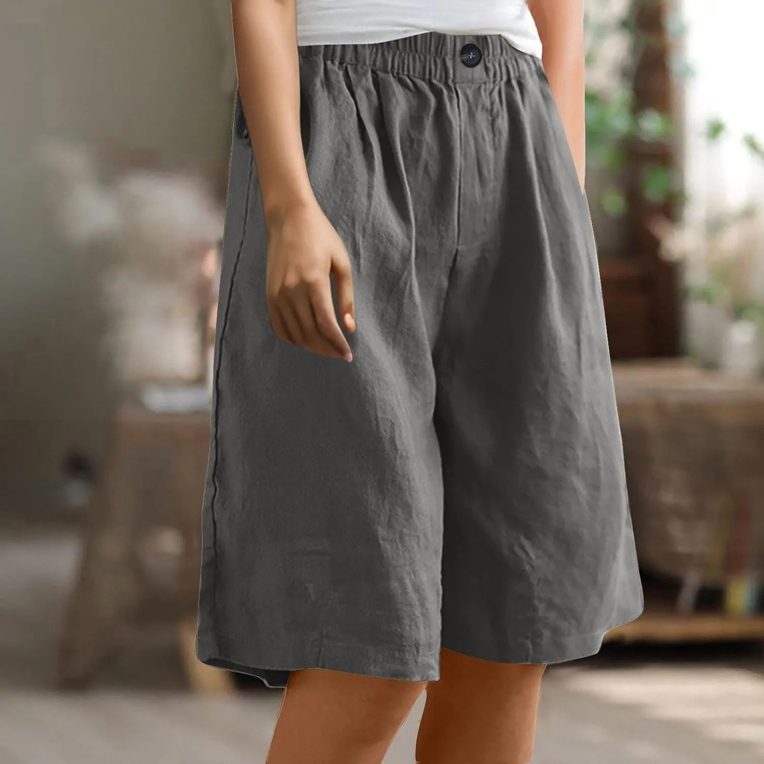 Linen Shorts for Women High Waisted Bermuda Knee Length Wide Leg Elastic Waist Summer Beach Short with Pockets