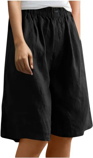 Linen Shorts for Women High Waisted Bermuda Knee Length Wide Leg Elastic Waist Summer Beach Short with Pockets