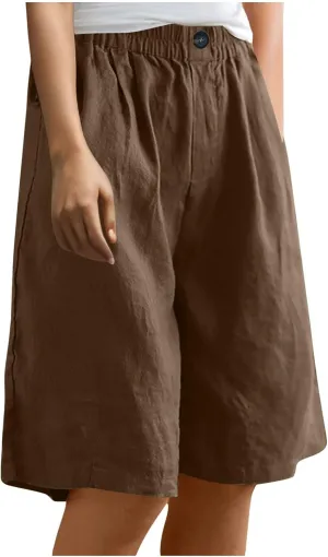 Linen Shorts for Women High Waisted Bermuda Knee Length Wide Leg Elastic Waist Summer Beach Short with Pockets