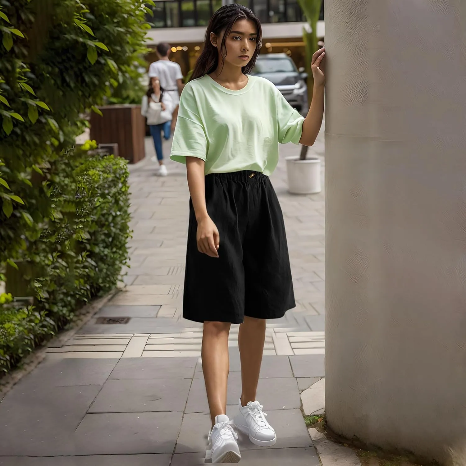 Linen Shorts for Women High Waisted Bermuda Knee Length Wide Leg Elastic Waist Summer Beach Short with Pockets
