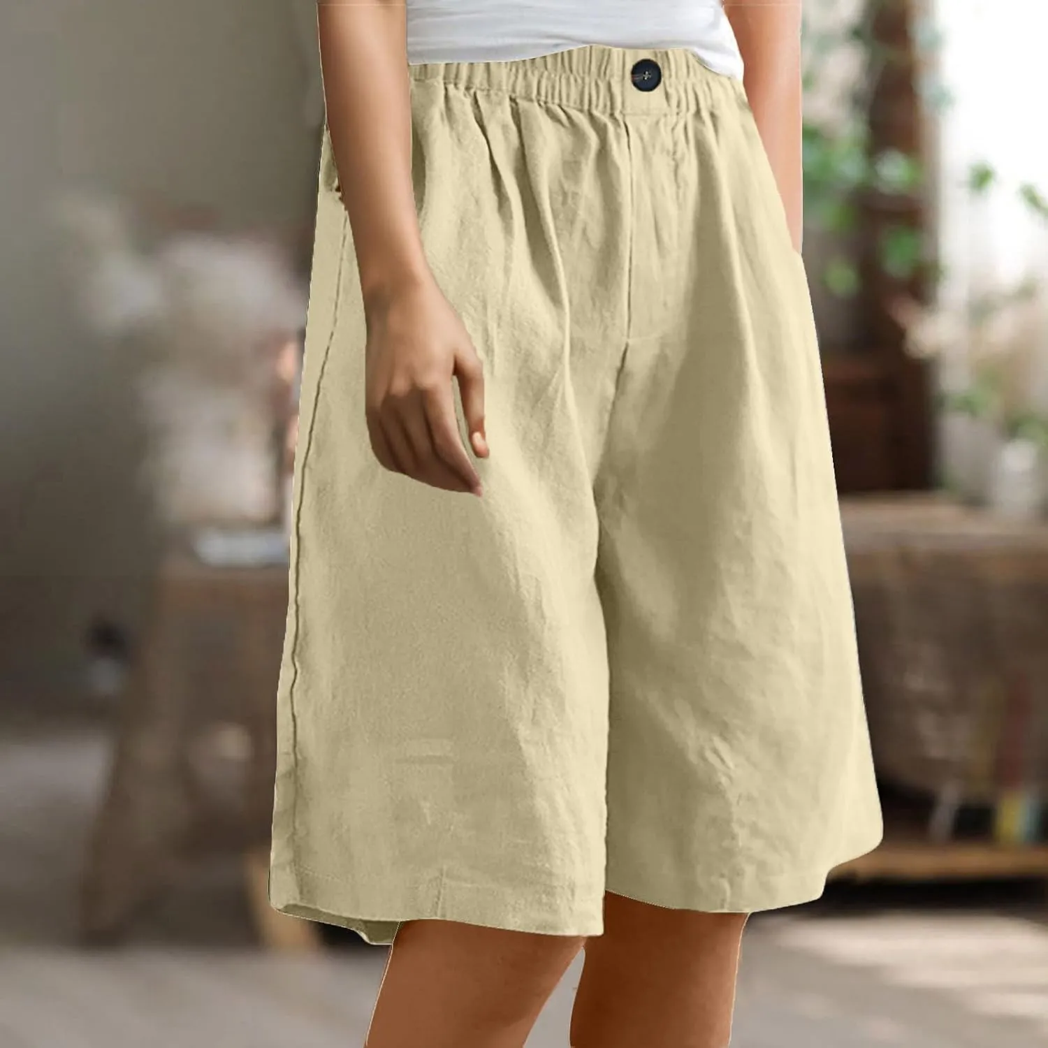 Linen Shorts for Women High Waisted Bermuda Knee Length Wide Leg Elastic Waist Summer Beach Short with Pockets