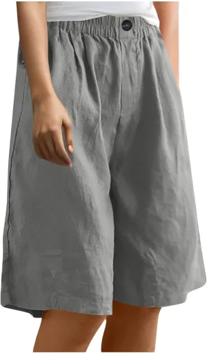 Linen Shorts for Women High Waisted Bermuda Knee Length Wide Leg Elastic Waist Summer Beach Short with Pockets