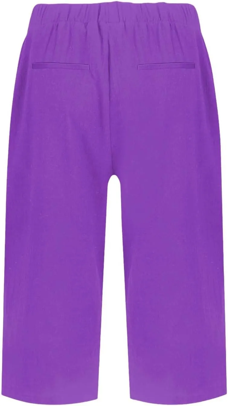 Linen Shorts for Women High - Waisted Wide - Leg Linen Knee Length Bermuda Shorts with Pockets for Women