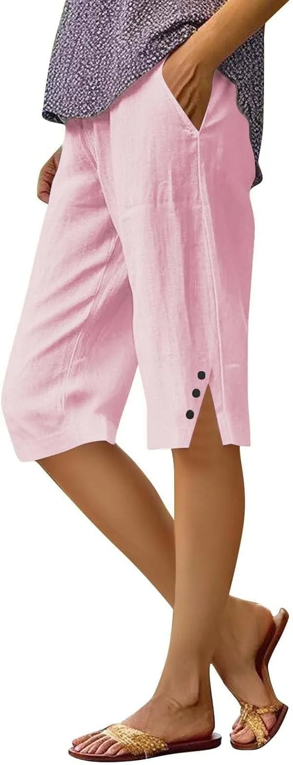 Linen Shorts for Women High - Waisted Wide - Leg Linen Knee Length Bermuda Shorts with Pockets for Women