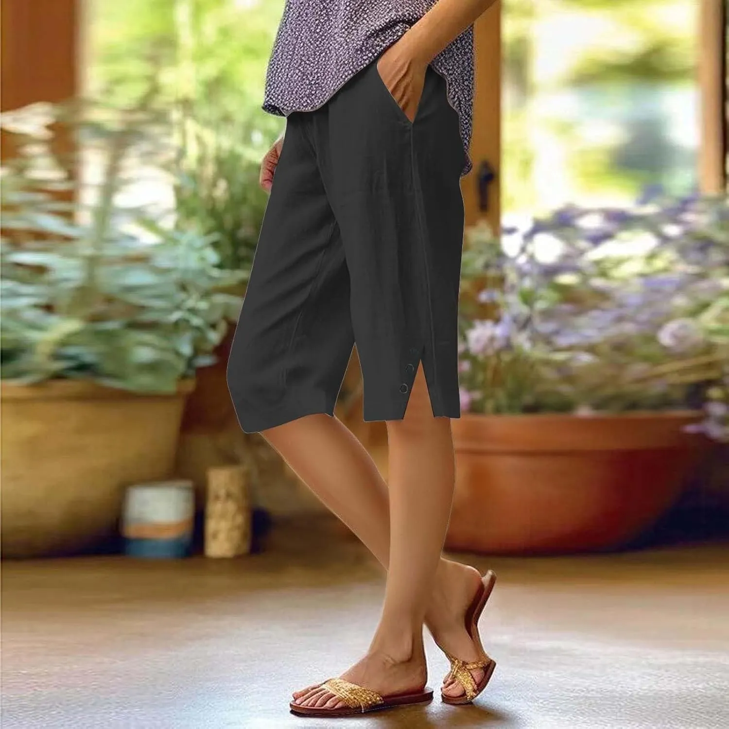 Linen Shorts for Women High - Waisted Wide - Leg Linen Knee Length Bermuda Shorts with Pockets for Women