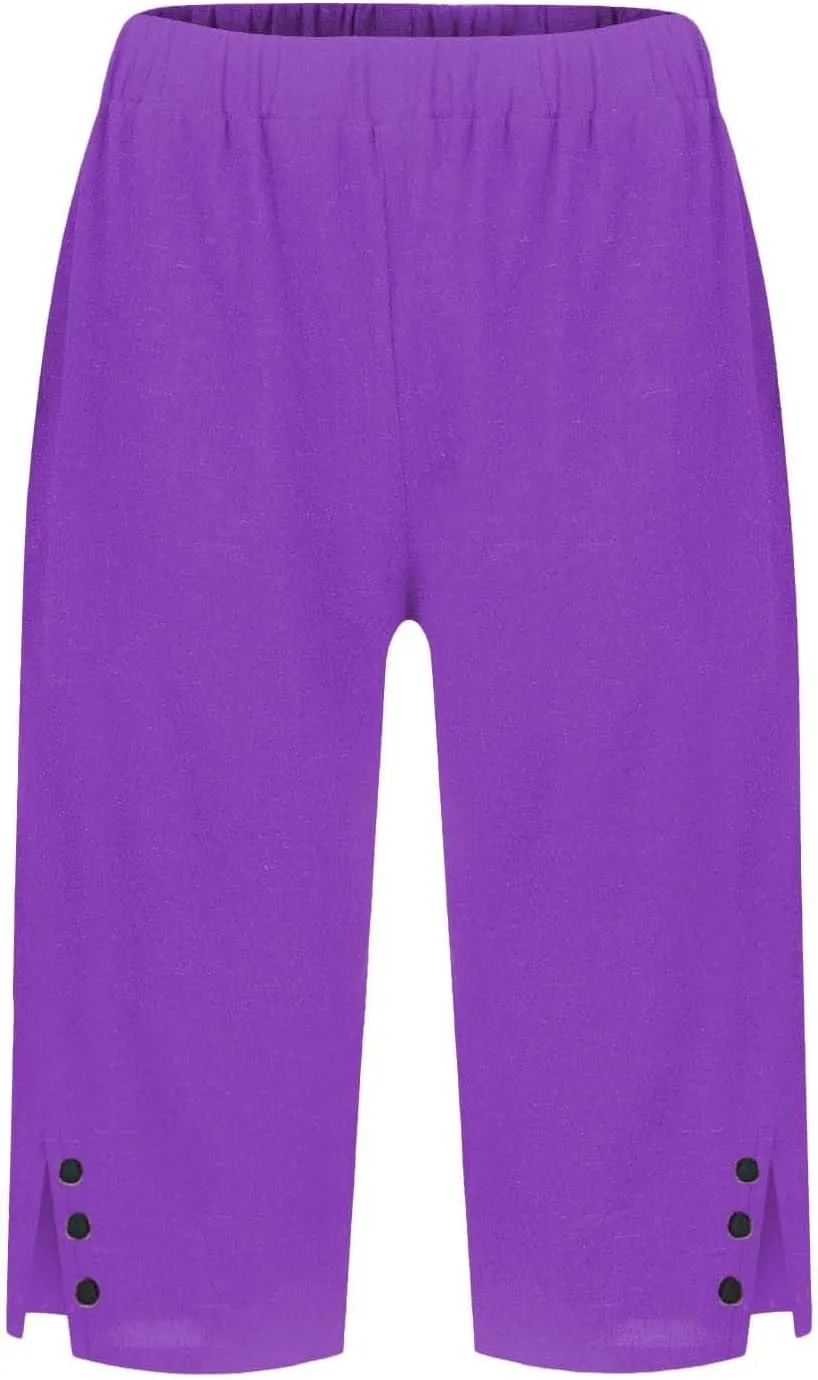 Linen Shorts for Women High - Waisted Wide - Leg Linen Knee Length Bermuda Shorts with Pockets for Women