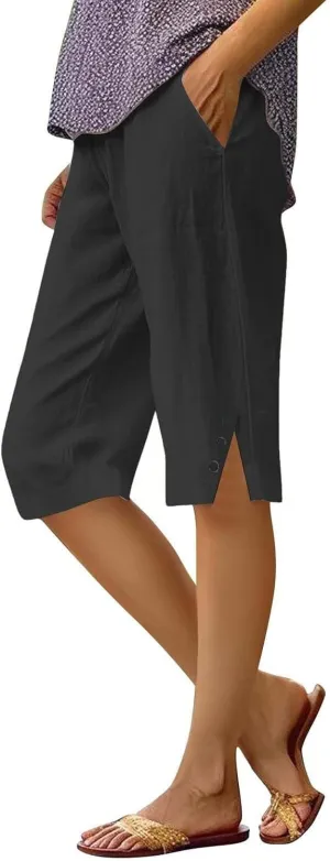 Linen Shorts for Women High - Waisted Wide - Leg Linen Knee Length Bermuda Shorts with Pockets for Women