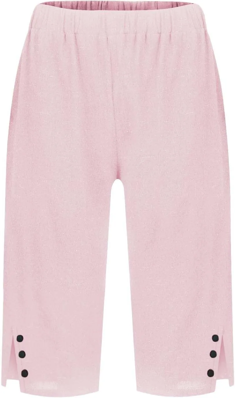Linen Shorts for Women High - Waisted Wide - Leg Linen Knee Length Bermuda Shorts with Pockets for Women