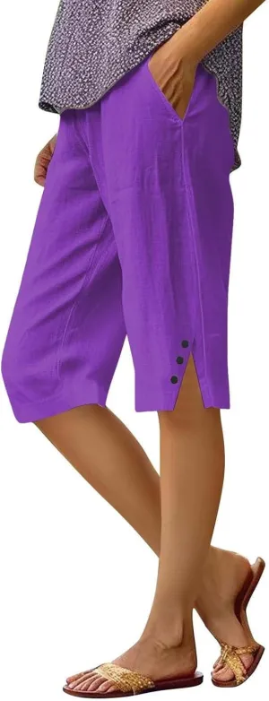 Linen Shorts for Women High - Waisted Wide - Leg Linen Knee Length Bermuda Shorts with Pockets for Women