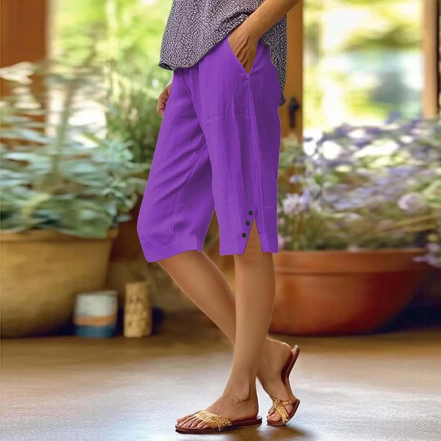 Linen Shorts for Women High - Waisted Wide - Leg Linen Knee Length Bermuda Shorts with Pockets for Women