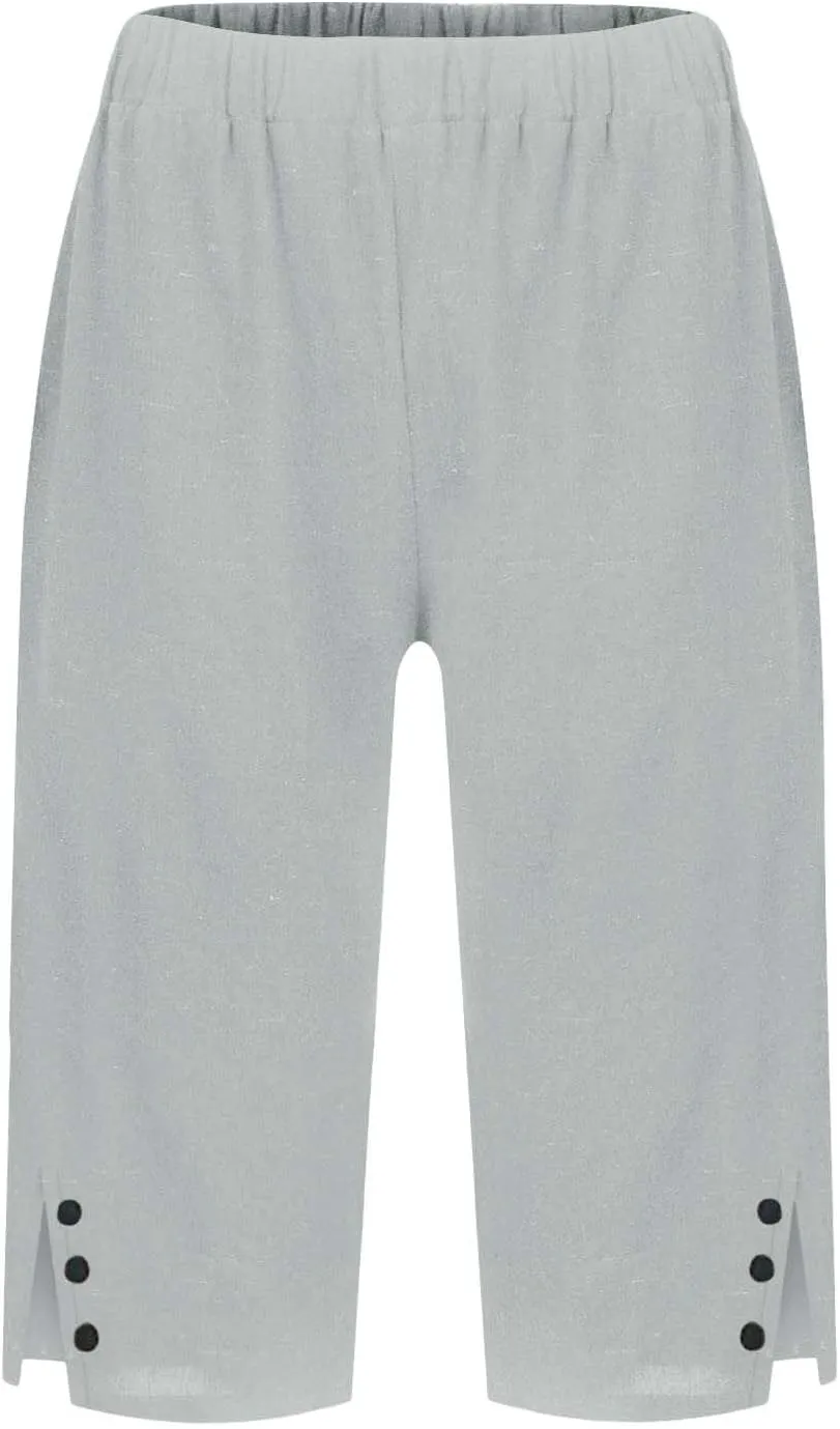 Linen Shorts for Women High - Waisted Wide - Leg Linen Knee Length Bermuda Shorts with Pockets for Women