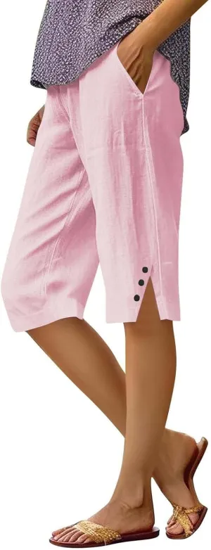 Linen Shorts for Women High - Waisted Wide - Leg Linen Knee Length Bermuda Shorts with Pockets for Women