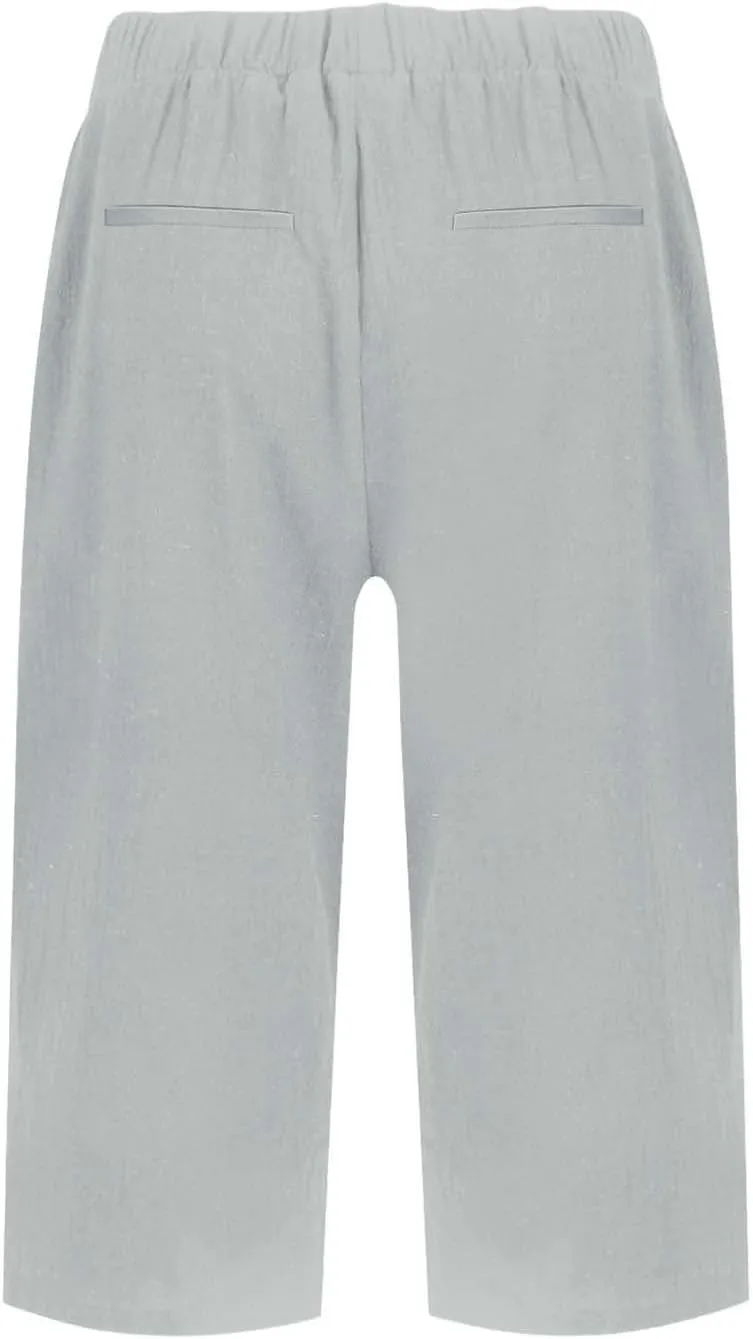 Linen Shorts for Women High - Waisted Wide - Leg Linen Knee Length Bermuda Shorts with Pockets for Women