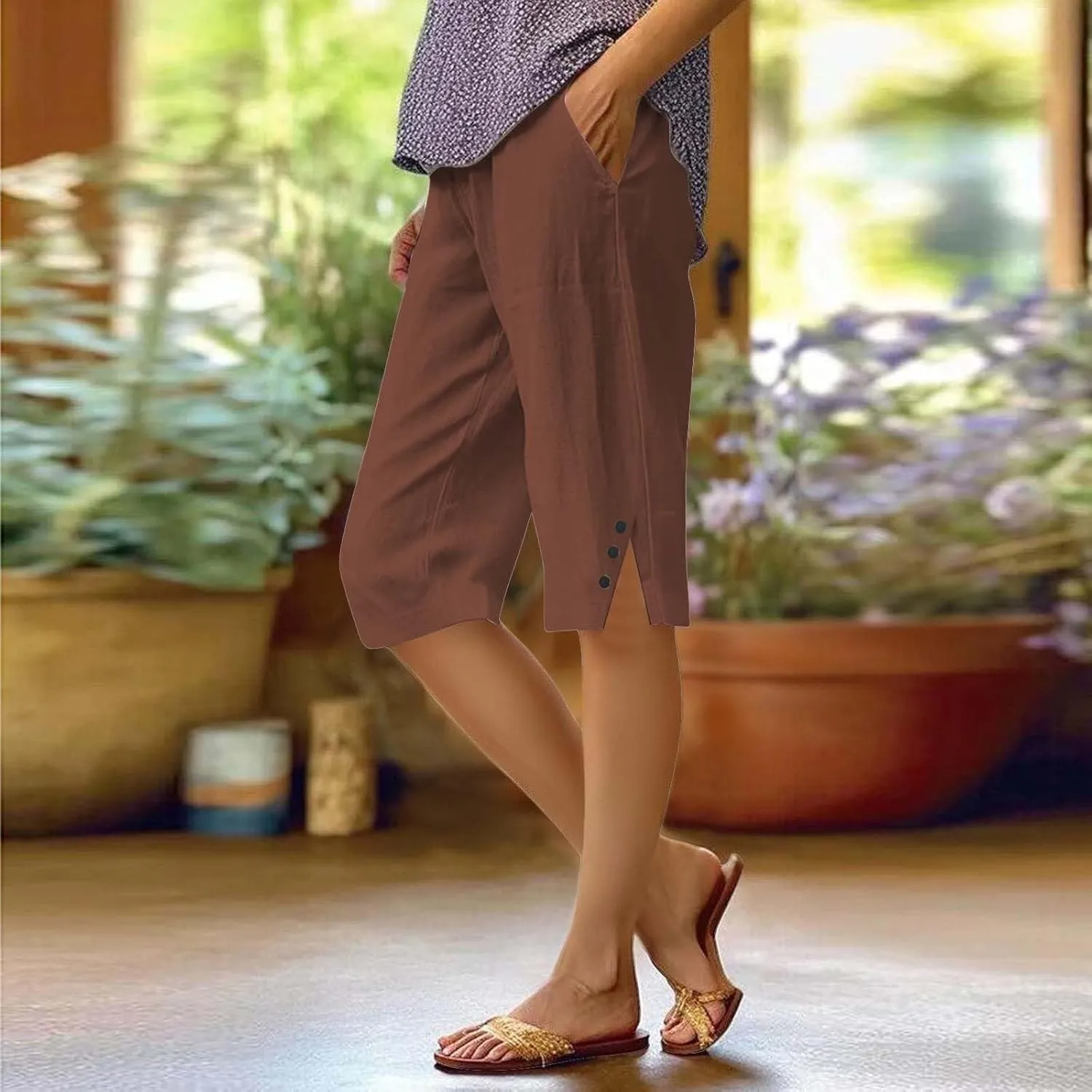 Linen Shorts for Women High - Waisted Wide - Leg Linen Knee Length Bermuda Shorts with Pockets for Women