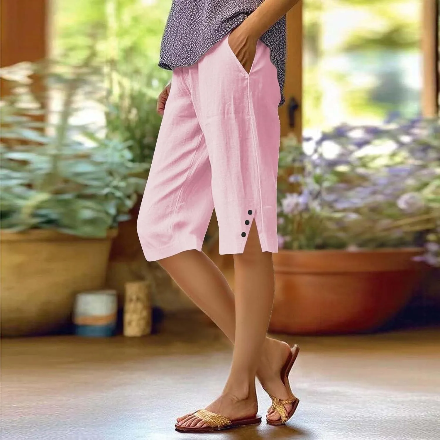 Linen Shorts for Women High - Waisted Wide - Leg Linen Knee Length Bermuda Shorts with Pockets for Women