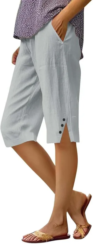 Linen Shorts for Women High - Waisted Wide - Leg Linen Knee Length Bermuda Shorts with Pockets for Women