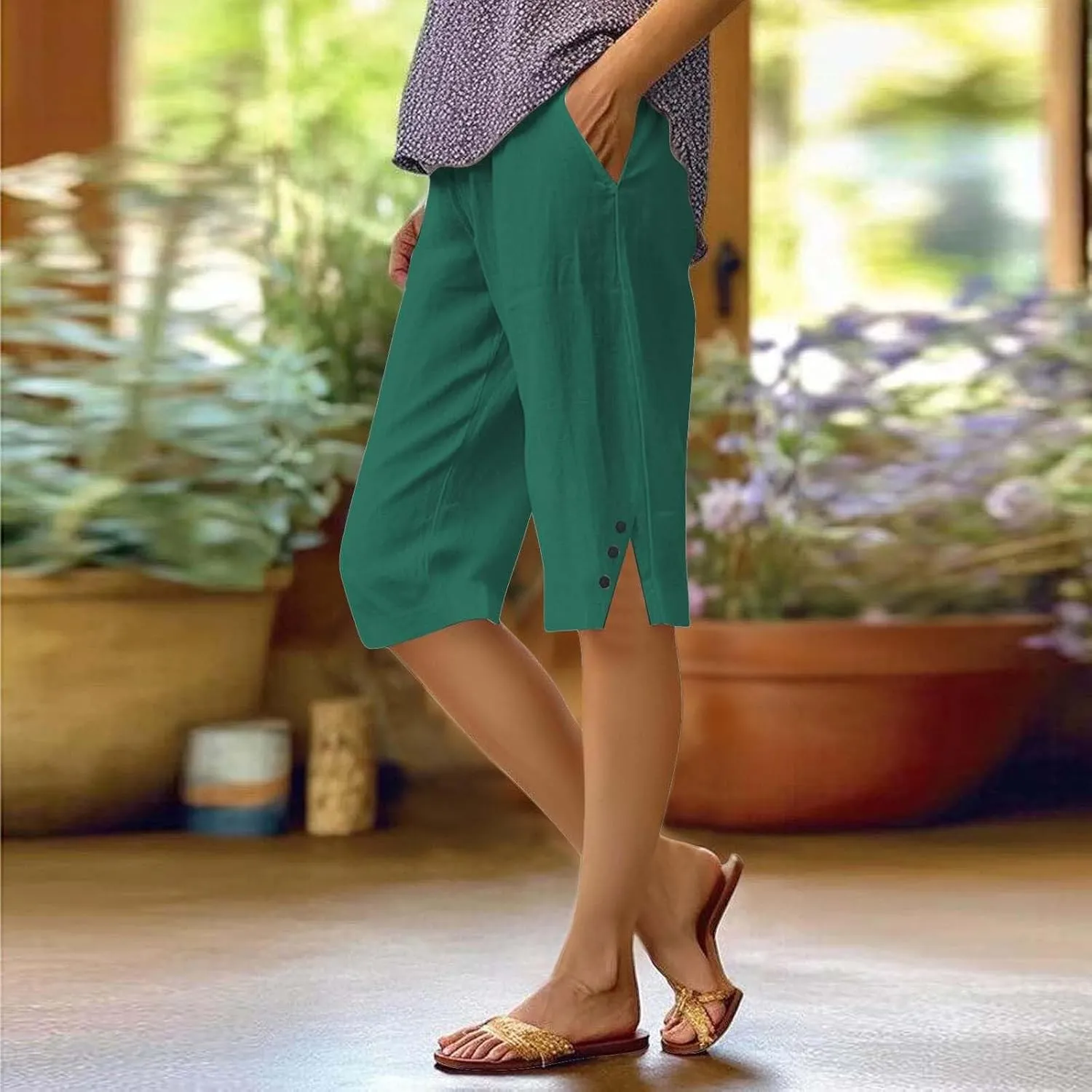 Linen Shorts for Women High - Waisted Wide - Leg Linen Knee Length Bermuda Shorts with Pockets for Women