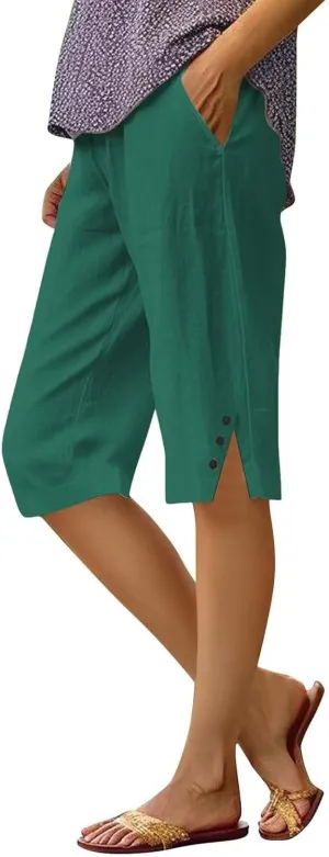 Linen Shorts for Women High - Waisted Wide - Leg Linen Knee Length Bermuda Shorts with Pockets for Women
