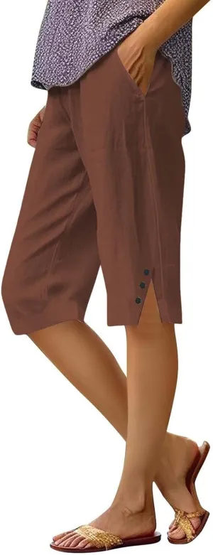 Linen Shorts for Women High - Waisted Wide - Leg Linen Knee Length Bermuda Shorts with Pockets for Women