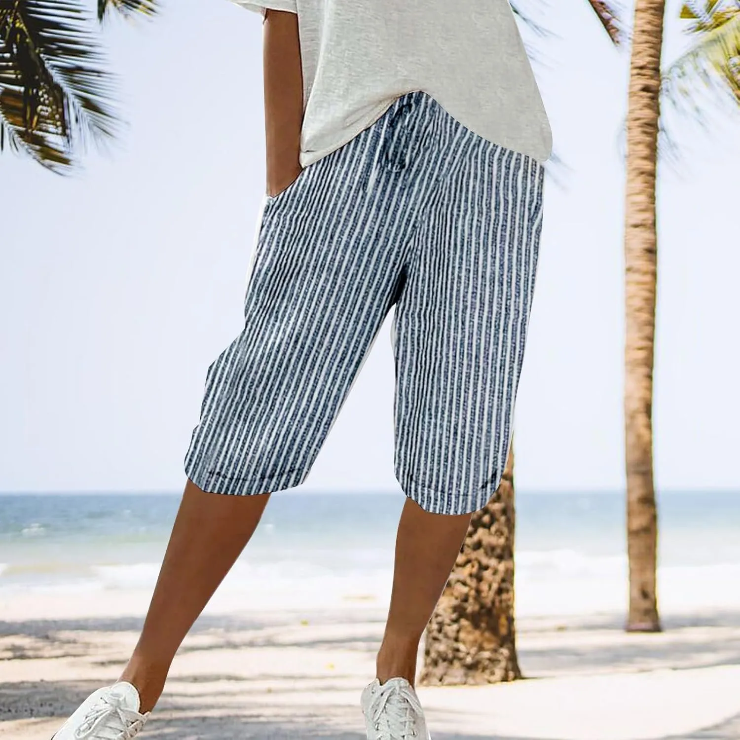 Linen Shorts for Women Knee Length 2025 Striped Bermuda Shorts Summer Casual Elastic Waisted Shorts with Pockets