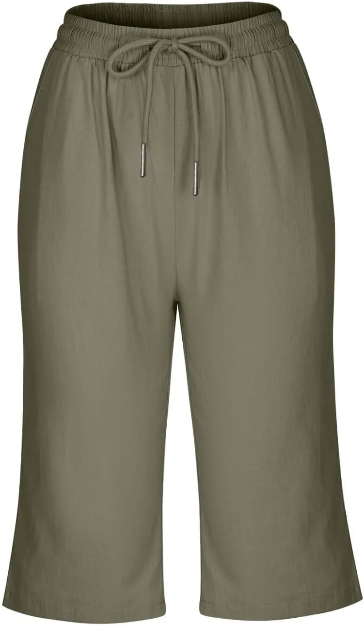 Linen Shorts for Women Knee Length 2025 Striped Bermuda Shorts Summer Casual Elastic Waisted Shorts with Pockets