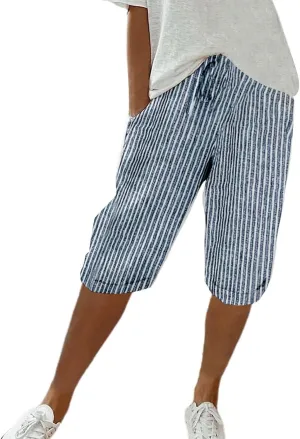 Linen Shorts for Women Knee Length 2025 Striped Bermuda Shorts Summer Casual Elastic Waisted Shorts with Pockets