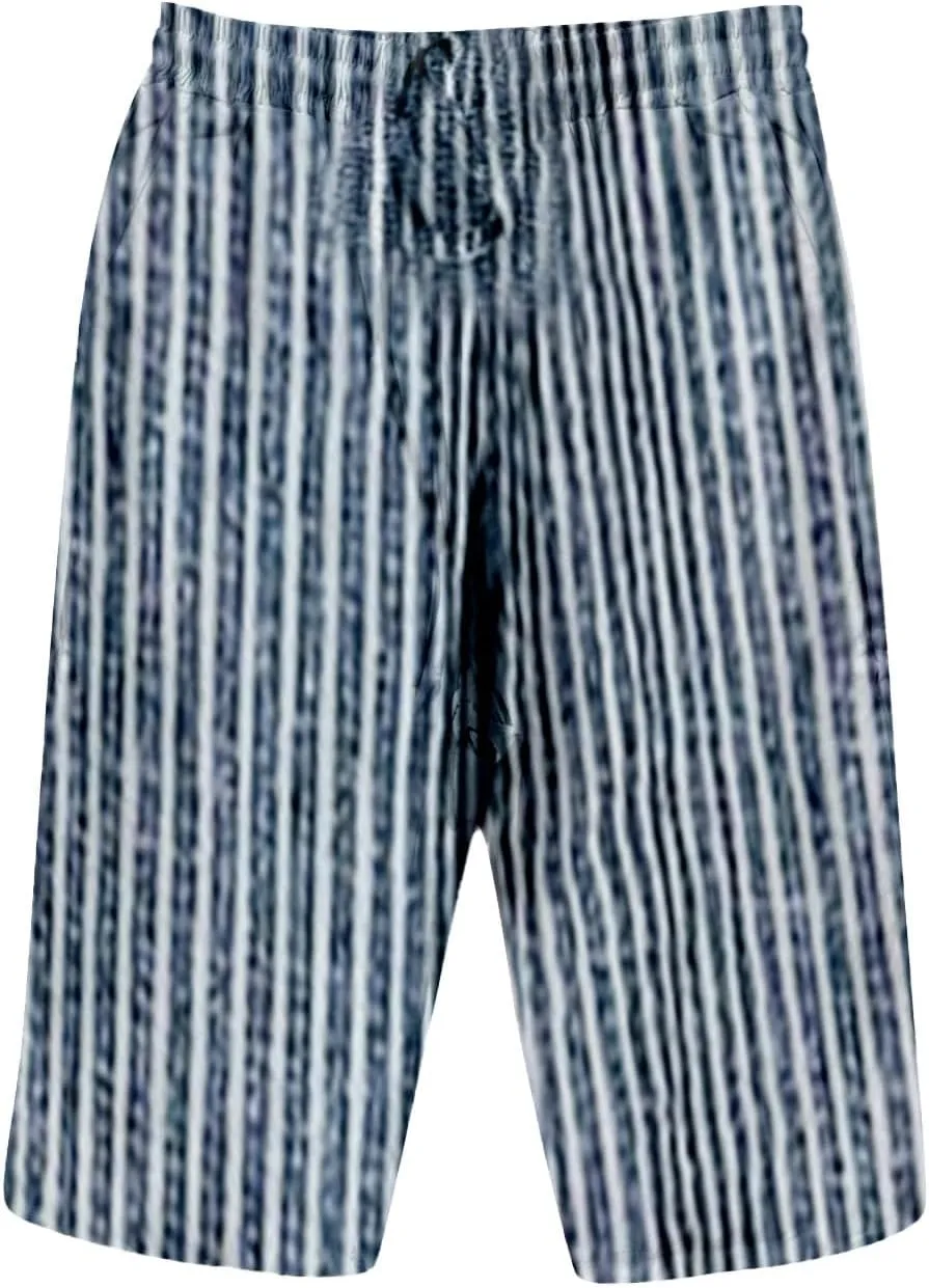 Linen Shorts for Women Knee Length 2025 Striped Bermuda Shorts Summer Casual Elastic Waisted Shorts with Pockets