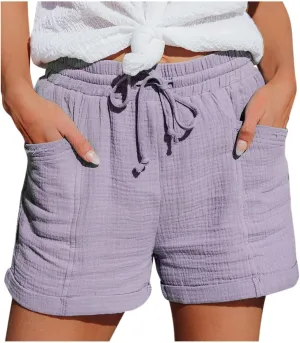 Linen Shorts for Women Plus Size Summer Trendy 2024 High Waisted Casual Shorts Loose Drawstring Beach Shorts Pockets