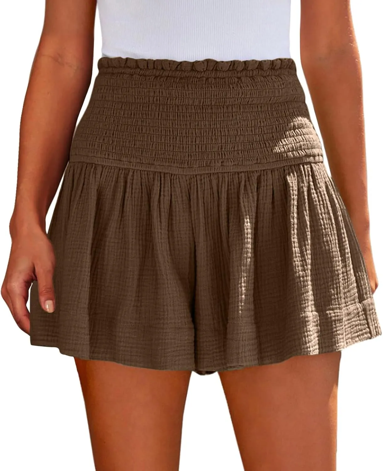 Linen Shorts for Women Summer Flowy Beach Shorts Casual Smocked High Waisted Wide Leg Lightweight Loose Comfy Short