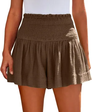 Linen Shorts for Women Summer Flowy Beach Shorts Casual Smocked High Waisted Wide Leg Lightweight Loose Comfy Short