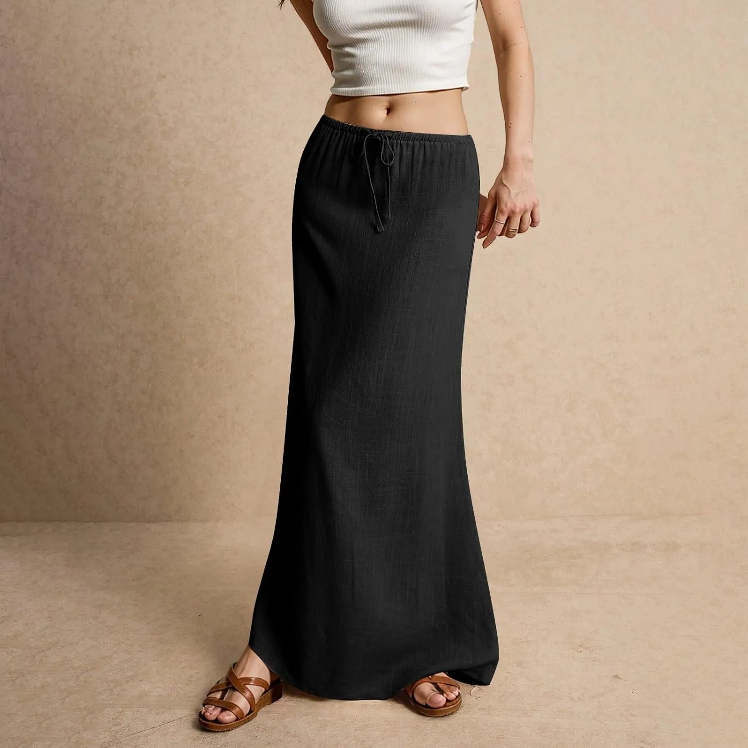 Linen Skirts for Women Trendy Summer Loose Low Rise Maxi Skirts Lightweight Drawstring Boho Beach A Line Long Skirt