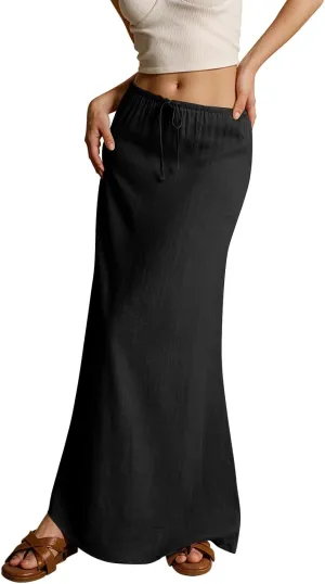 Linen Skirts for Women Trendy Summer Loose Low Rise Maxi Skirts Lightweight Drawstring Boho Beach A Line Long Skirt