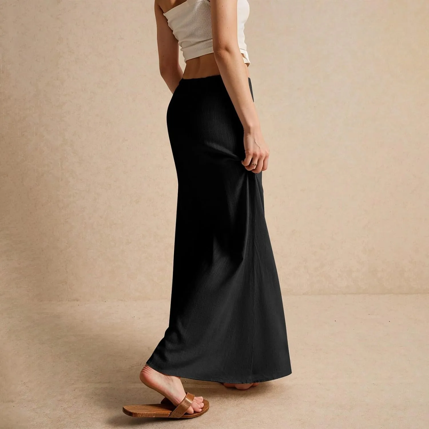 Linen Skirts for Women Trendy Summer Loose Low Rise Maxi Skirts Lightweight Drawstring Boho Beach A Line Long Skirt