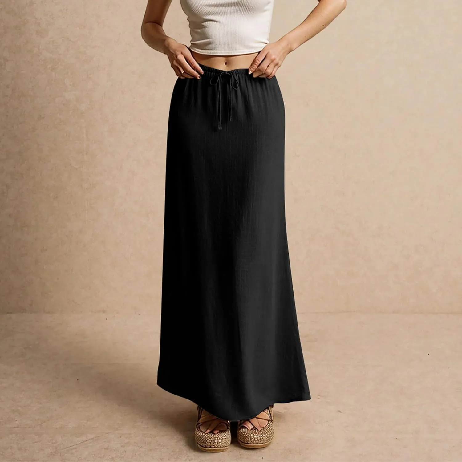 Linen Skirts for Women Trendy Summer Loose Low Rise Maxi Skirts Lightweight Drawstring Boho Beach A Line Long Skirt