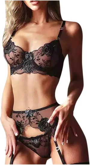 Lingerie Set for Women Sexy Bralette Panty Strappy Babydoll Bodysuit Lace Floral Embroidery Modal Underwear Suit