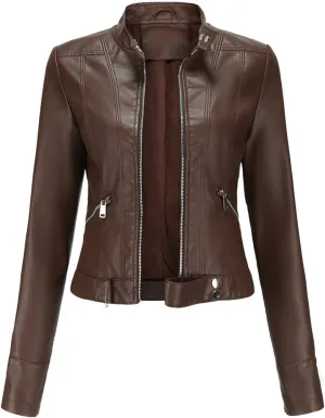 Lmdudan Faux Leather Jacket for Women Fashion Zip Up Motorcycle Jackets Tops Short PU Moto Biker Outwear Fitted Slim Coats