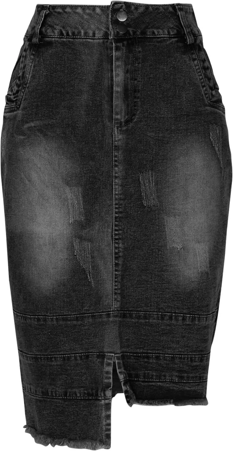 Lmdudan Womens Denim Skirt High Waisted Knee Length Slim Fit Pencil Stretch Jean Skirt 2025 Elegant Casual Bodycon Half Dress