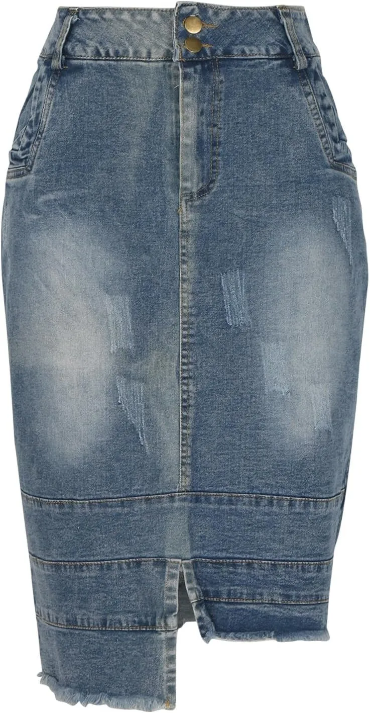 Lmdudan Womens Denim Skirt High Waisted Knee Length Slim Fit Pencil Stretch Jean Skirt 2025 Elegant Casual Bodycon Half Dress