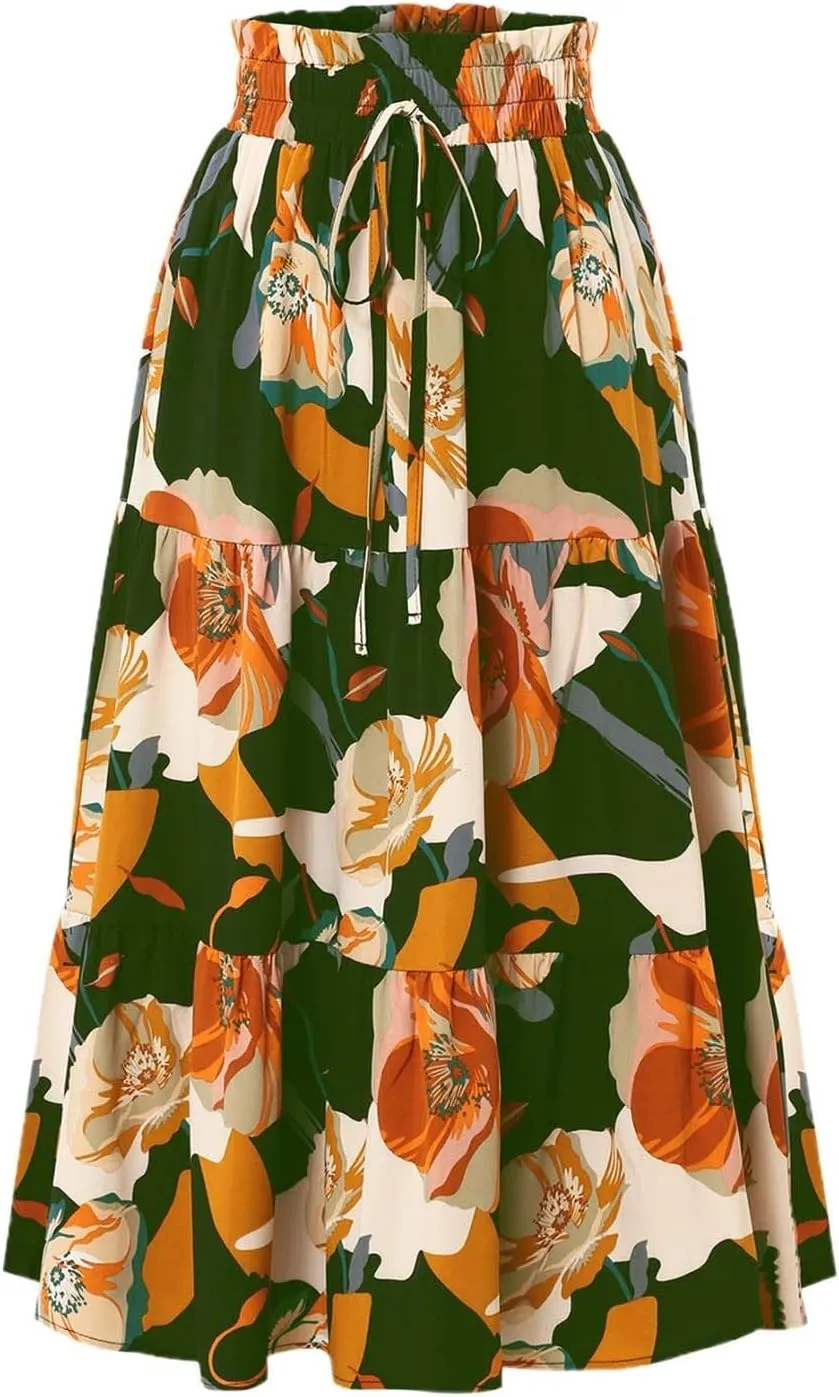 Long Skirt for Women Summer Trendy Bohemian Floral Print High Elastic Waist A-Line Loose Casual Boha Skirts for Vacation
