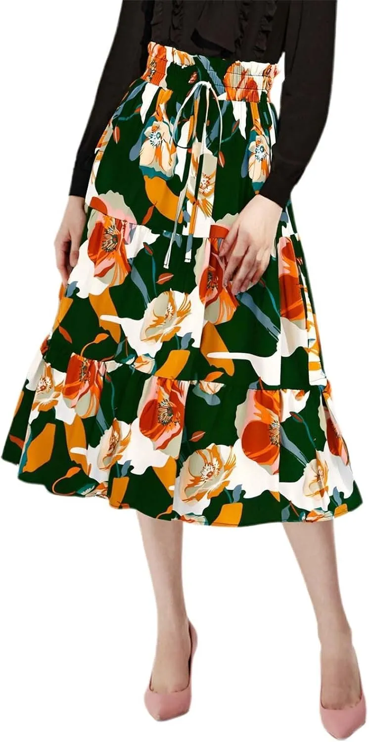 Long Skirt for Women Summer Trendy Bohemian Floral Print High Elastic Waist A-Line Loose Casual Boha Skirts for Vacation