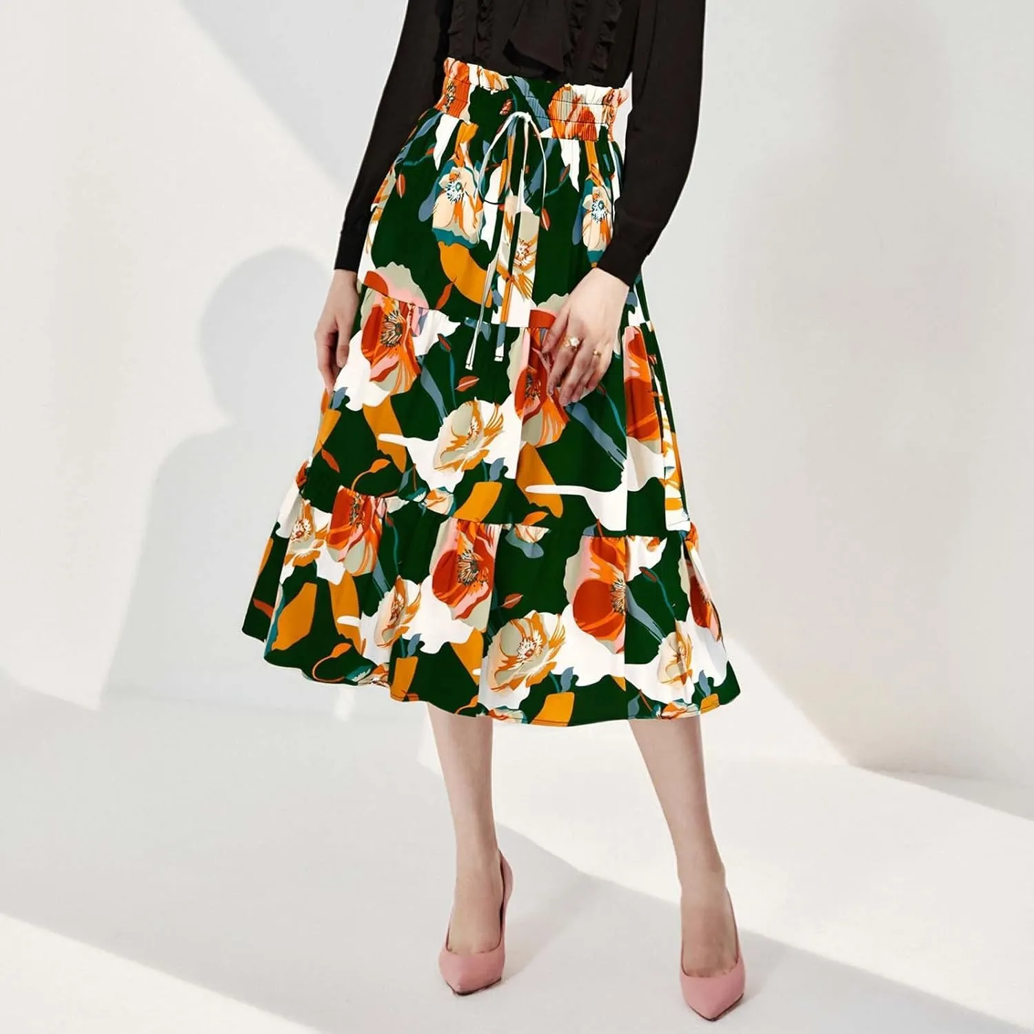 Long Skirt for Women Summer Trendy Bohemian Floral Print High Elastic Waist A-Line Loose Casual Boha Skirts for Vacation