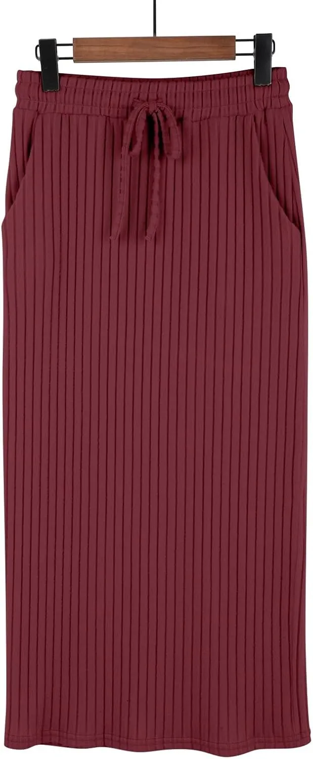 Long Skirts for Women 2025 Summer Trendy Maxi Skirt with Pockets Ribbed Knit Stretchy Soft Daily Outfits