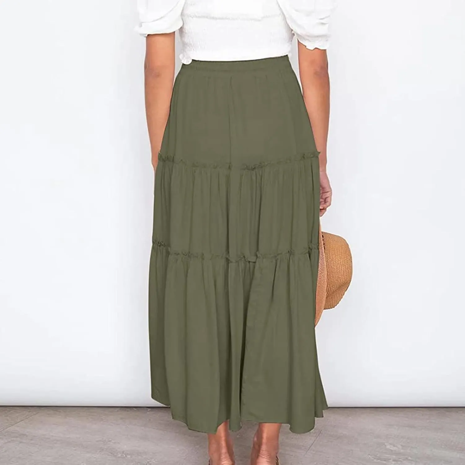 Long Skirts for Women Summer Casual Boho Flowy A Line Elastic Tie Waist Tiered Ruffle Swing Pleated Maxi Skirt Dress
