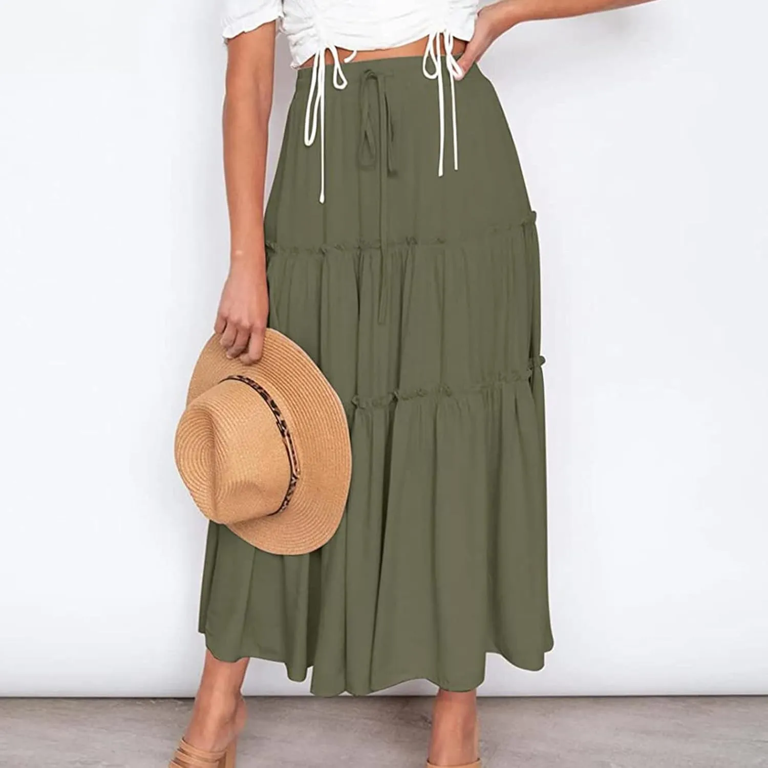 Long Skirts for Women Summer Casual Boho Flowy A Line Elastic Tie Waist Tiered Ruffle Swing Pleated Maxi Skirt Dress