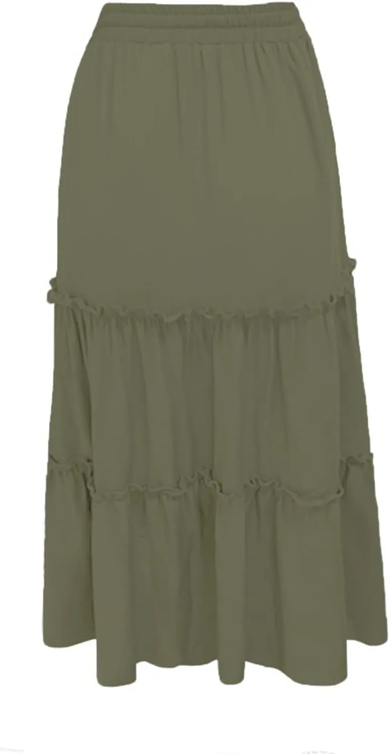 Long Skirts for Women Summer Casual Boho Flowy A Line Elastic Tie Waist Tiered Ruffle Swing Pleated Maxi Skirt Dress